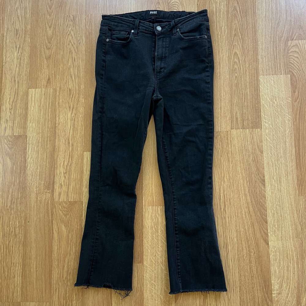 PAIGE Colette Crop Flare Jeans Black Raw Hem 10" Rise Size 30 Made in USA
